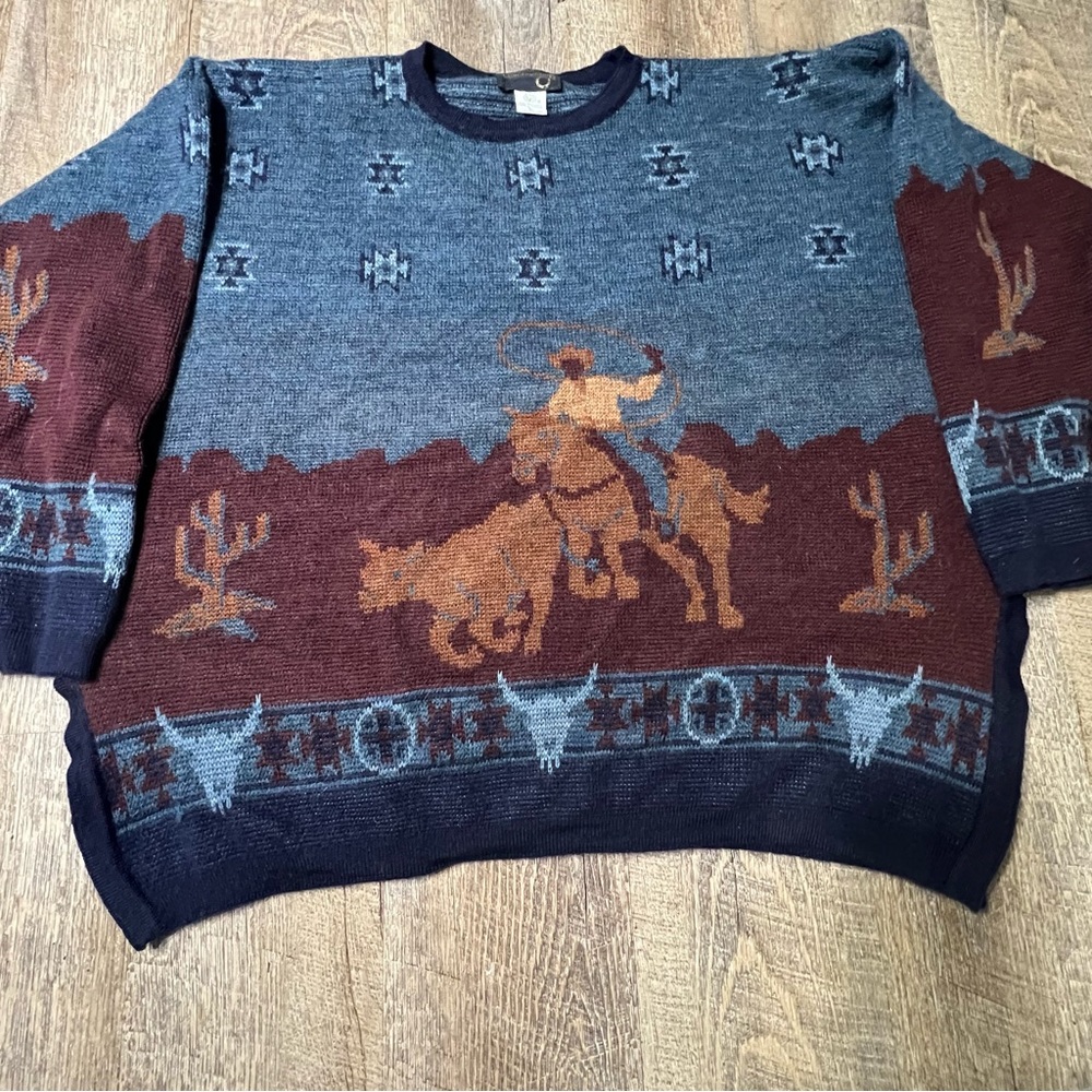 Rare Vintage Tricots St. Raphael L Wool Sweater Equestrian Cowboy Skull‎ cactus